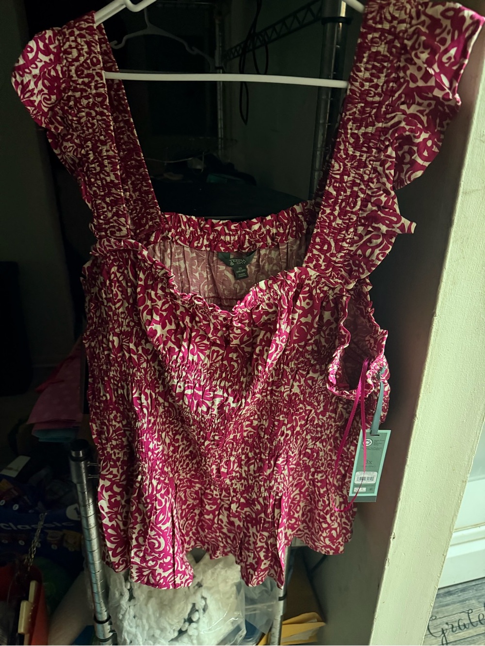 Time and Tru Fuchsia Floral Ruffle Strap Camisole